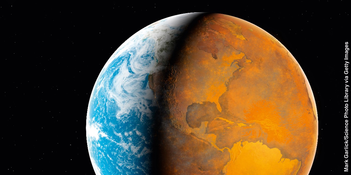 Indlela umhlaba lobonakala ngayo kumuntfu loku-space. Incenye yaleplanethi ibukeka iphilile, kantsi lelenye ishile futsi ilimele.