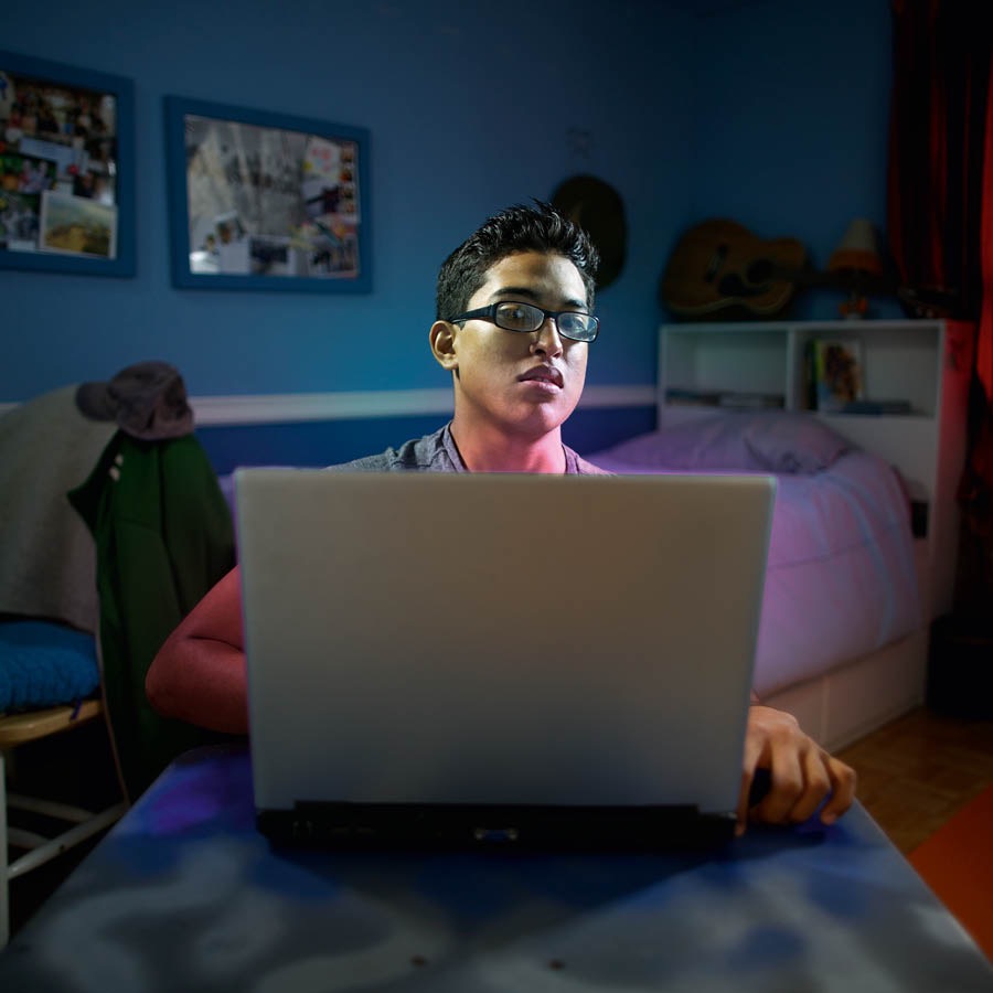 Lijaha lihleli lodvwa ekamelweni lalo, futsi libuka eceleni njengobe kuvela intfo letsite ku-laptop yalo.
