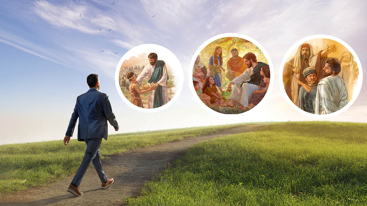  Lomuntfu lebekafundzelwa liBhayibheli lesicoce ngaye esihlokweni lesendlulile nyalo sewubhajatisiwe futsi ugcoke timphahla letinsha, uhamba endleleni. Sitfombe: Tibonelo letikhombisa Jesu aveta titselo temoya. 1. Jesu utsatsa tinkhwa kanye netinhlanti lakunikwa ngumfanyana kuze ondle sicumbi sebantfu. 2. Jesu uhleti nebantfwana futsi bayacoca. 3. Jesu ubeketelela kushaywa ngemphama ngesikhatsi kutekwa licala lakhe ngalokungekho emtsetfweni.