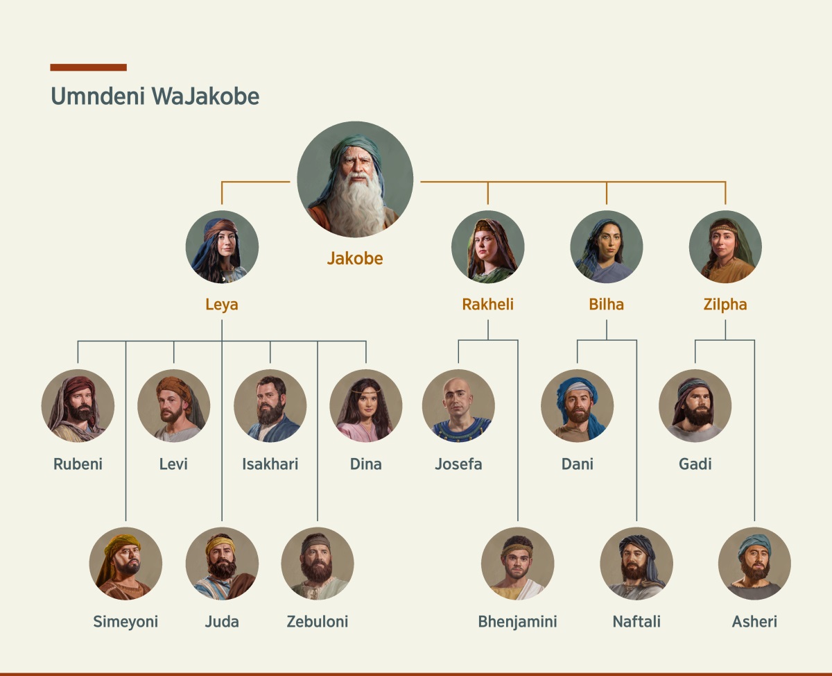 Lishadi leliveta umndeni waJakobe. Unebafati lababili, lokunguLeya naRakheli kanye nebafati labancane lababili lokunguBilha naZilpha. Bantfwana labatalelwa nguLeya bekunguRubeni, Simeyoni, Levi, Juda, Isakhari, Zebuloni, naDina. Bantfwana labatalelwa nguRakheli bekunguJosefa naBhenjamini. Bantfwana labatalelwa nguBilha bekunguDani naNaftali. Bantfwana labatalelwa nguZilpha bekunguGadi na-Asheri.