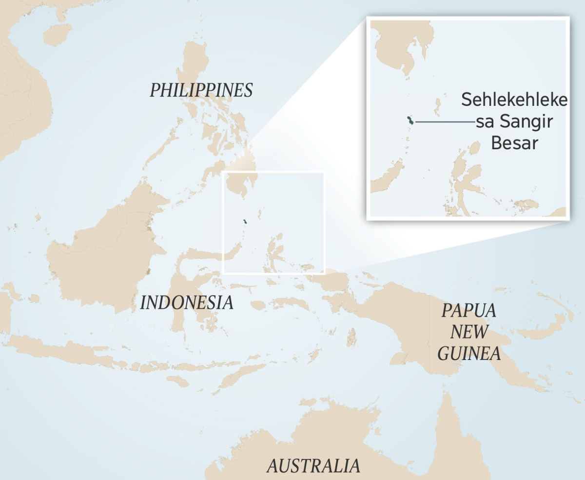 ’Mapa o bontšang naha ea Indonesia le linaha tse e potolohileng. Setšoantšo se bontšang sehlekehleke se senyenyane sa Sangir Besar.