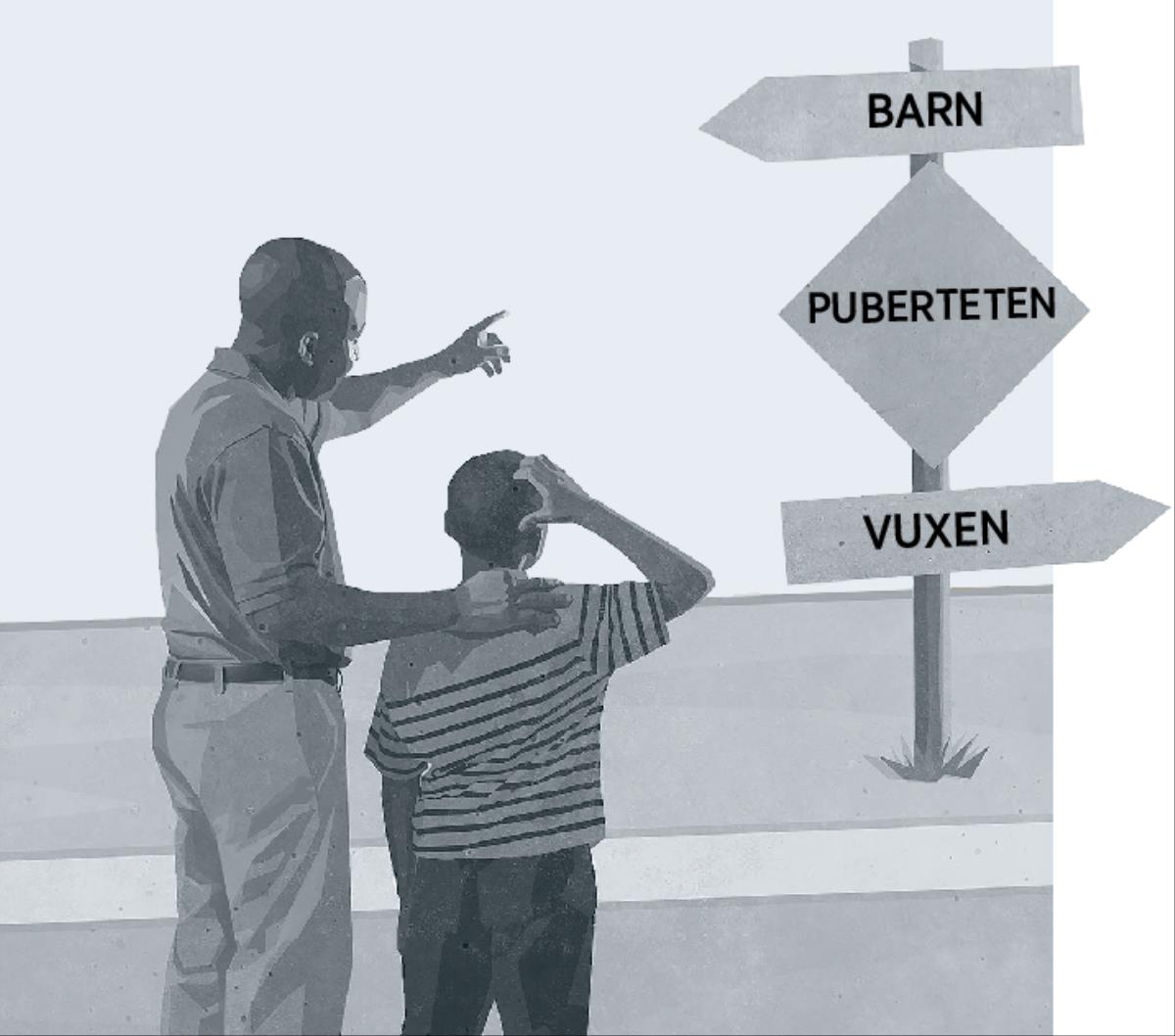 En pappa och hans son står framför en skylt som visar att man måste passera puberteten för att gå från barn till vuxen