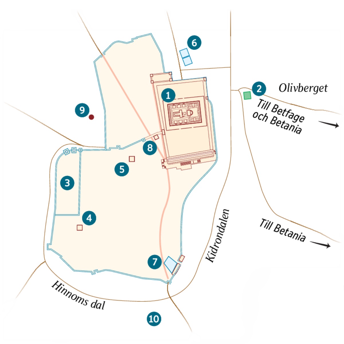 En karta över Jerusalem med omnejd. Kända och möjliga platser är markerade. 1. Templet. 2. Getsemane trädgård. 3. Ståthållarens residens. 4. Kaifas hus. 5. Palats som användes av Herodes Antipas. 6. Dammen Betsata. 7. Dammen Siloam. 8. Sanhedrins sal. 9. Golgota. 10. Akeldama.