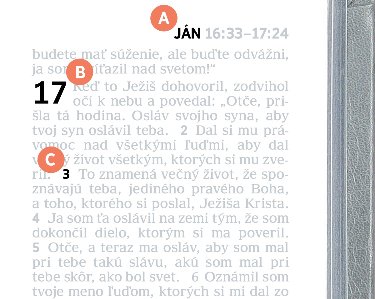 Označenia prvkov A, B a C na jednej strane v Biblii