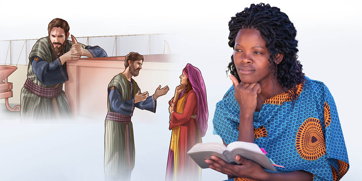 Sestra číta Bibliu a uvažuje o Adonijahovom konaní: 1. Adonijah sa drží rohov oltára; 2. Adonijah predkladá žiadosť Bat-Šebe