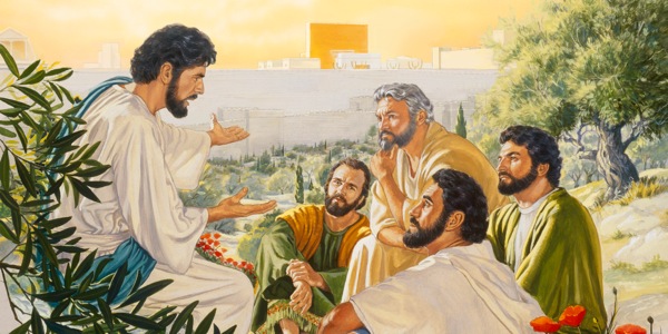 Yesu akizungumza na baadhi ya mitume wake juu ya Mlima wa Mizeituni