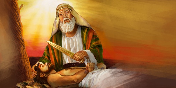 Abrahamu akiwa ameshika kisu cha kuchinjia huku Isaka akiwa amelazwa juu ya madhabahu