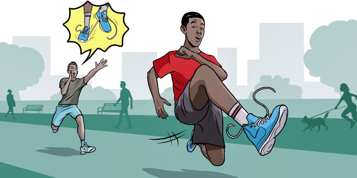 Mvulana akimwambia rafiki yake afunge kamba za viatu ili asijikwae na kuanguka.