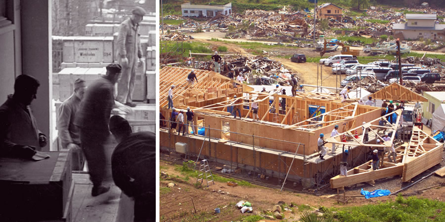 1. Kupakua misaada nchini Ujerumani, 1946; 2. Mashahidi wakijenga upya Jumba la Ufalme nchini Japan baada ya tsunami, 2011