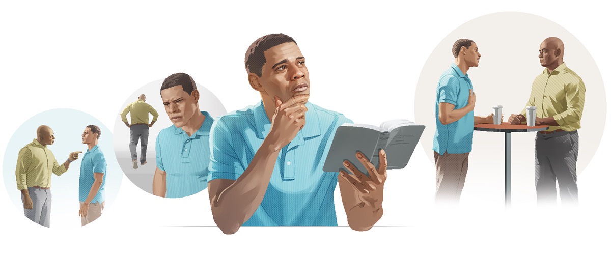 Picha: Ndugu akifanya amani. 1. Ndugu mwingine anazungumza naye kwa hasira. 2. Anafikiria mambo ambayo ndugu huyo alisema. 3. Anachunguza ushauri wa Biblia kuhusu jinsi anavyopaswa kutenda anapokosewa. 4. Anakutana na yule ndugu, wanakunywa kahawa pamoja na kufanya amani.