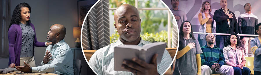 Picha: 1. Ndugu akisoma Biblia. 2. Ndugu akizungumza na mke wake kwa upendo. 3. Ndugu na mke wake wakiwa wameketi kwa heshima huku wengine wakisimama na kuisalimu bendera.