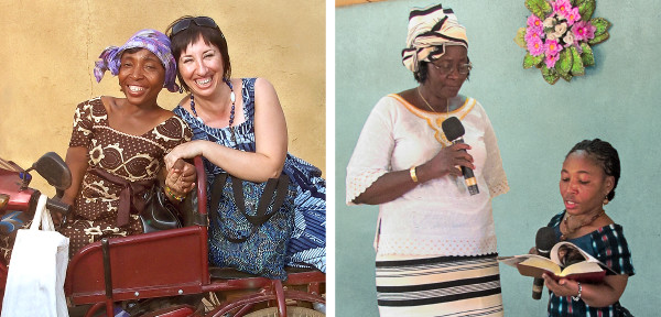 1. Sarah akiwa na dada Mkristo; 2. Sarah akitoa onyesho katika mikutano ya kutaniko