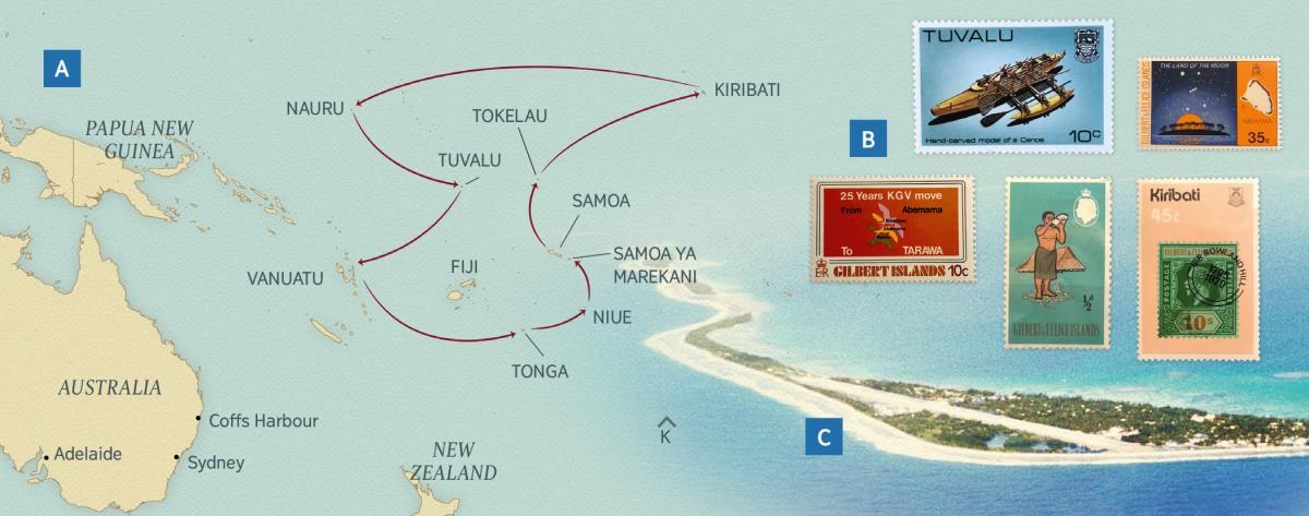 Ramani ya safari za Payne za kuzungukia makutaniko; stempu kutoka baadhi ya visiwa; kisiwa cha Funafuti kilichoko Tuvalu