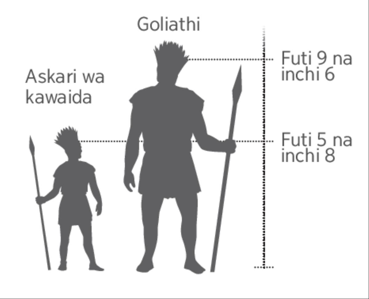Kipimo cha kisasa kinachoonyesha urefu wa jitu Goliathi kulinganisha na askari wa kawaida