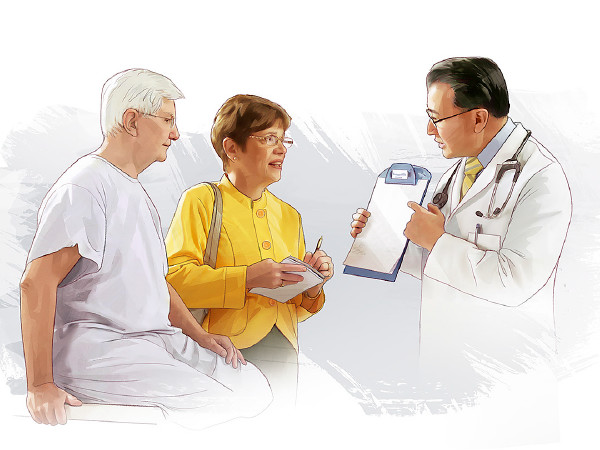 Wakati muganga anazungumuza na bibi na bwana, bibi anaandika mambo ya lazima