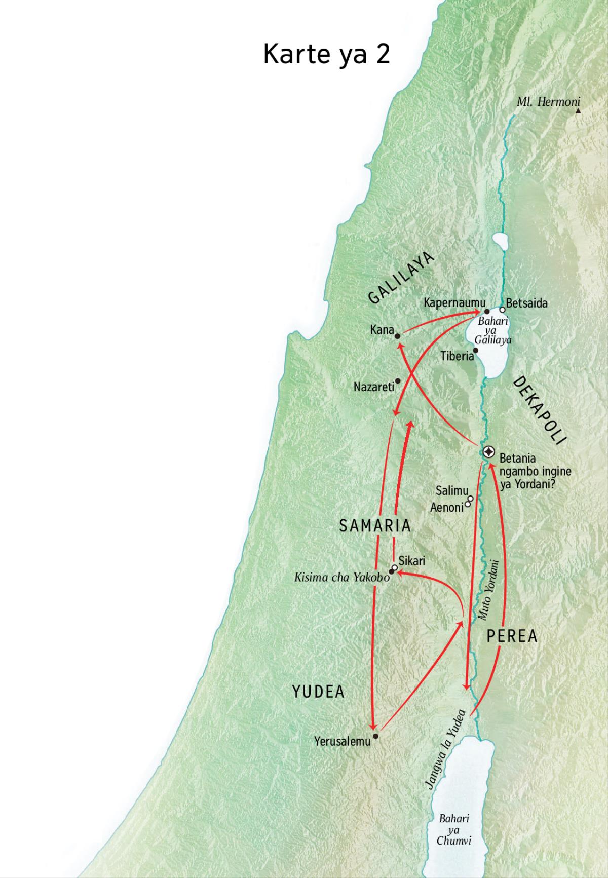 Karte ya maeneo wakati wa maisha ya Yesu kutia ndani Muto Yordani na eneo la Yudea