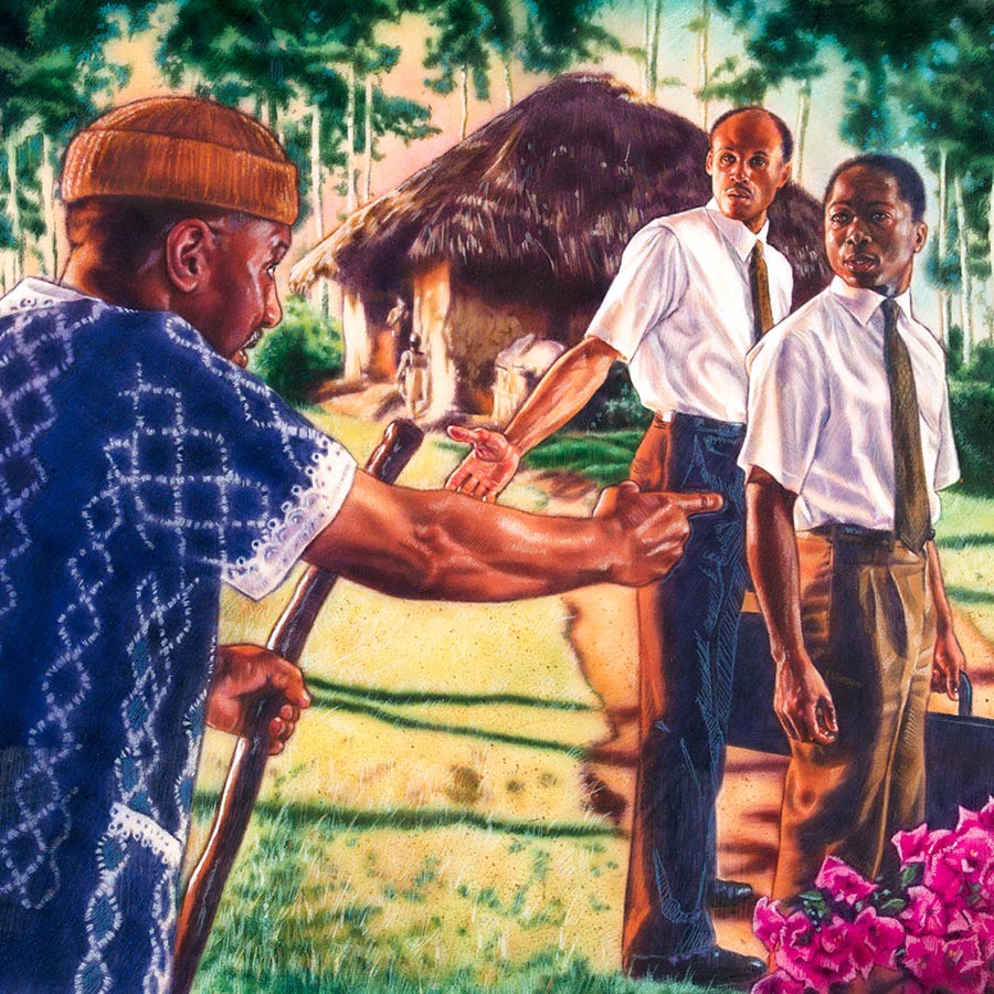 Mwanaume mumoja anafuata Mashahidi wawili juu anawaza kama mumoja wao ni ndugu yake mwenye alishakufa