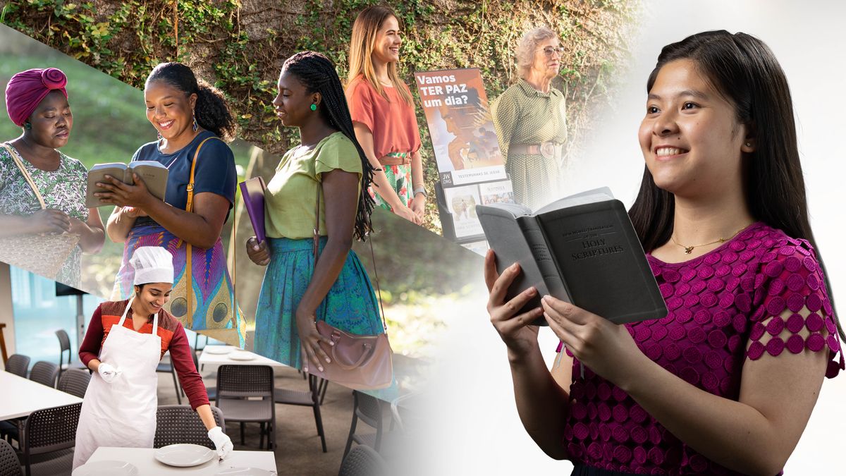 Picha: Dada wenye tuliona wanafurahia kufanya mambo mbalimbali ya kiroho. 1. Dada mwenye alikuwa natafakari juu ya mambo yenye alisoma iko na Biblia yenye iko wazi na iko nacheka. 2. Dada mwenye alikuwa napunguza bei mu soko iko natayarisha meza ya kukulia ku beteli. 3. Dada mwenye alikuwa nasoma broshua iko nasomea mwanamuke fulani andiko mu mahubiri. 4. Dada mwenye alitambua ku Jumba ya Ufalme ule ndugu mwenye hayaoa, iko nahubiri ku prezantware pamoja na dada mwenye kuzeeka.