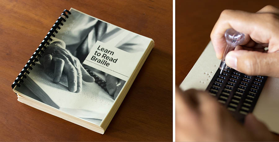Collage: 1. Broschyren ”Learn to Read Braille”. 2. En person använder en reglett och ett skrivstift för att prägla bokstäver på punktskrift.