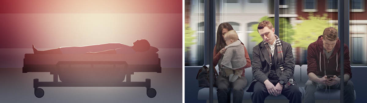 Collage: Stillbilder ur videon ”Vad händer när man dör? (utdrag)” 1. En död människa ligger på en sjukhussäng. 2. En man sitter mellan två personer på ett tåg och sover.