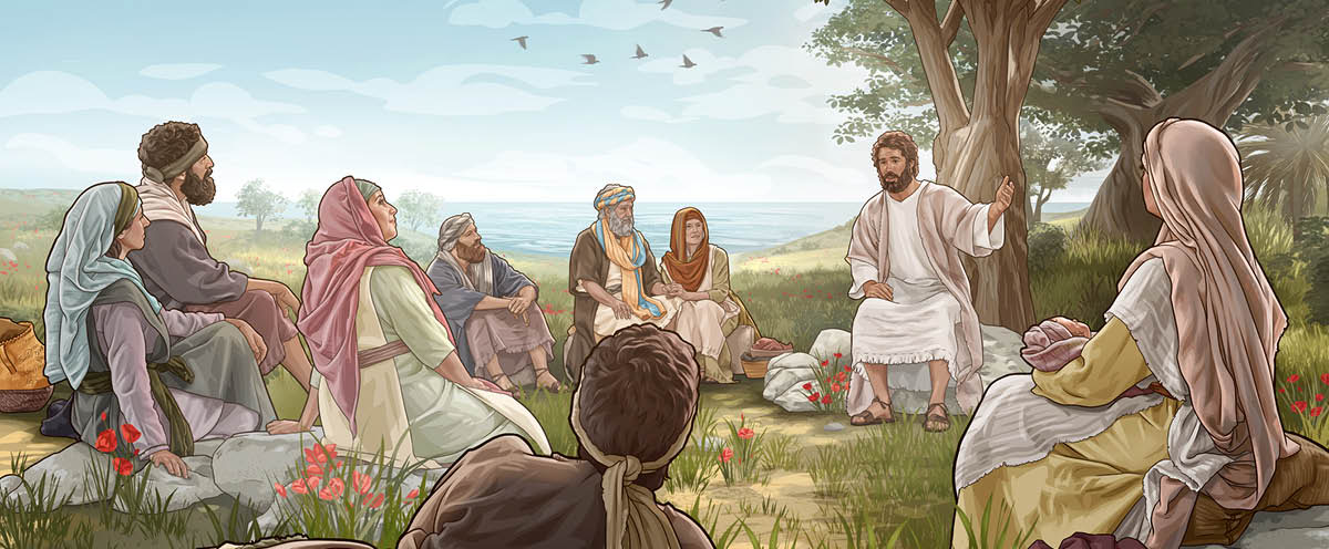 Jesus undervisar människor i närheten av en sjö. Fåglar flyger förbi, och det växer blommor på marken.