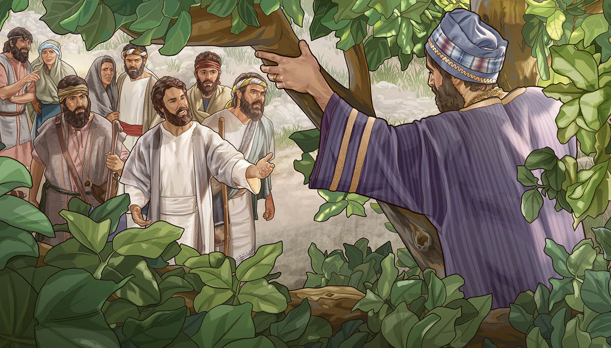 Jesus ber Sackeus komma ner från ett träd, och några som ser på ser förvånade ut.