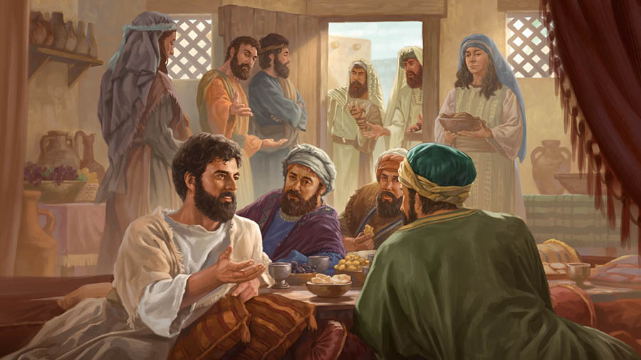 Jesus ligger till bords och äter en måltid med Matteus och andra skatteindrivare. Religiösa ledare står och muttrar i dörröppningen.