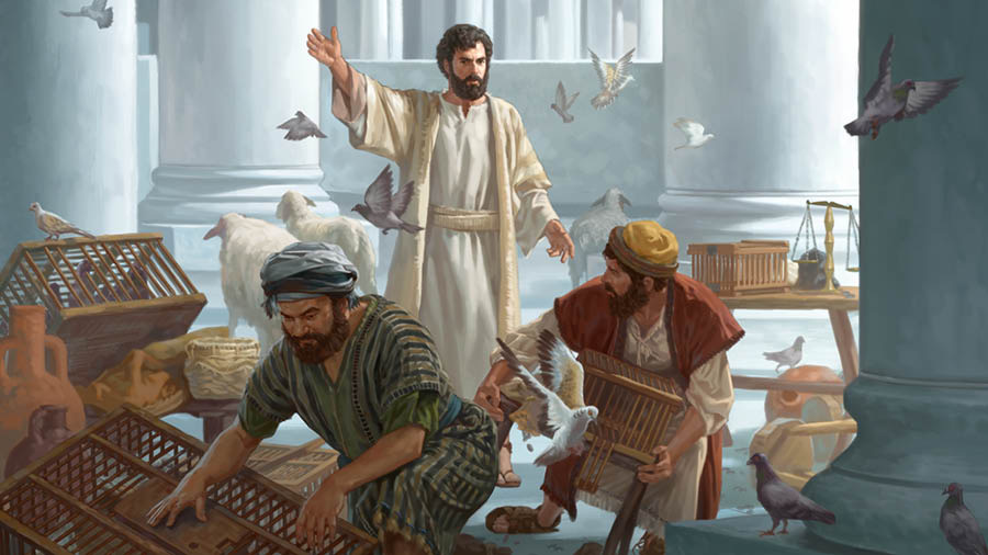Jesus driver ut köpmän ur templet. De rafsar åt sig sina varor och försöker få med sig sina djur.