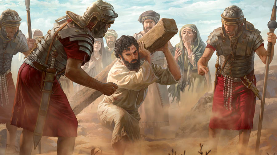 Romerska soldater tvingar Jesus att bära sin tortyrpåle inför många åskådare.