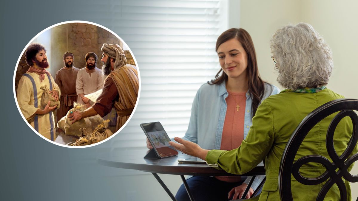 En smord syster leder en bibelkurs med en kvinna. På en infälld bild ser man tjänarna och deras herre i Jesus liknelse om talenterna.