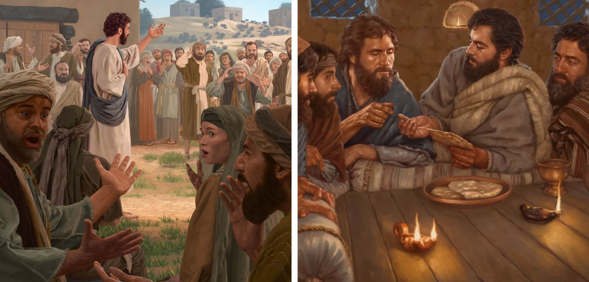 Collage: 1. Jesus talar till en folkskara. Folk mumlar och en del är chockade över det Jesus säger. 2. Jesus instiftar Herrens kvällsmåltid tillsammans med sina trogna apostlar.