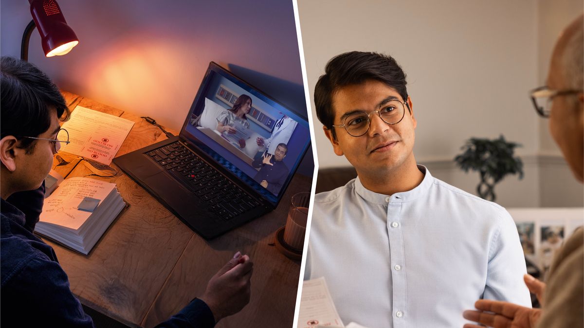 Collage: 1. En broder använder lektion 39 i boken ”Ett hopp om en ljus framtid” och videon ”Ta beslut om medicinska behandlingar som inbegriper blod” för att komma fram till hur han vill fylla i sitt sjukvårdskort. 2. Senare lyssnar han på en andligt mogen broder som resonerar om ett bibelställe.