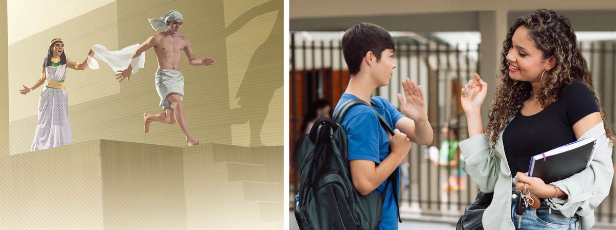Collage: 1. Josef springer från Potifars fru, som står kvar med hans klädnad i handen. 2. En broder i tonåren vill inte prata med en tjej som flörtar med honom i skolan.