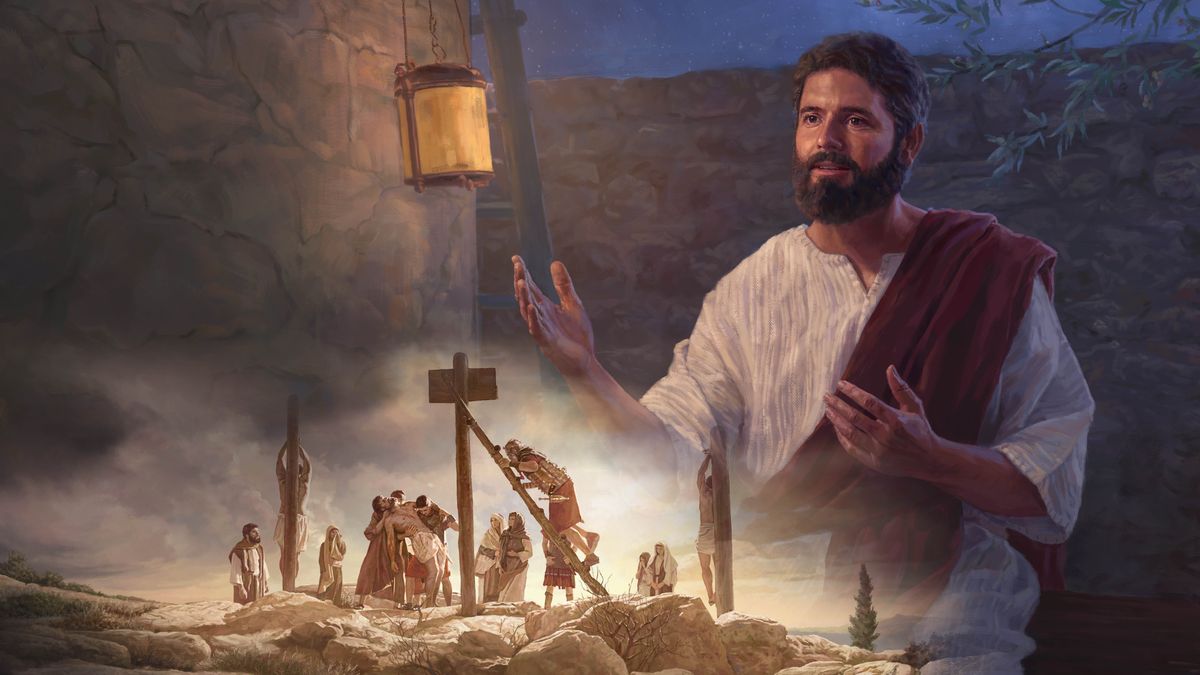 Collage: 1. Det är natt och Jesus pratar. 2. Romerska soldater tar ner Jesus döda kropp från pålen.
