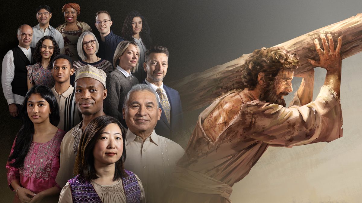 Collage: 1. Människor med olika bakgrund och kultur. 2. Jesus bär sin tortyrpåle.