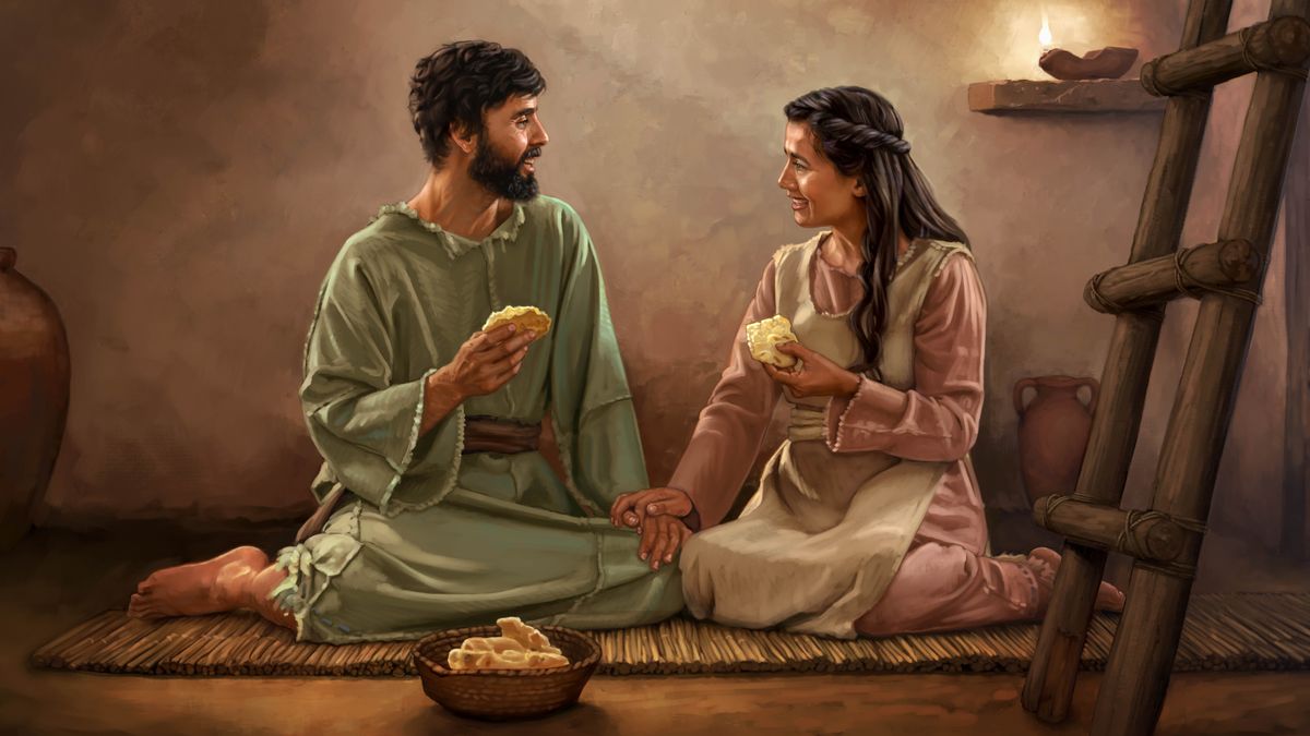 pūrva isravēlil oru thambadhi thangaludaiya elimaiyaana vīttil saadhaarana rottiyai sandhōshamaaga saappittukkondirukkiraargal.