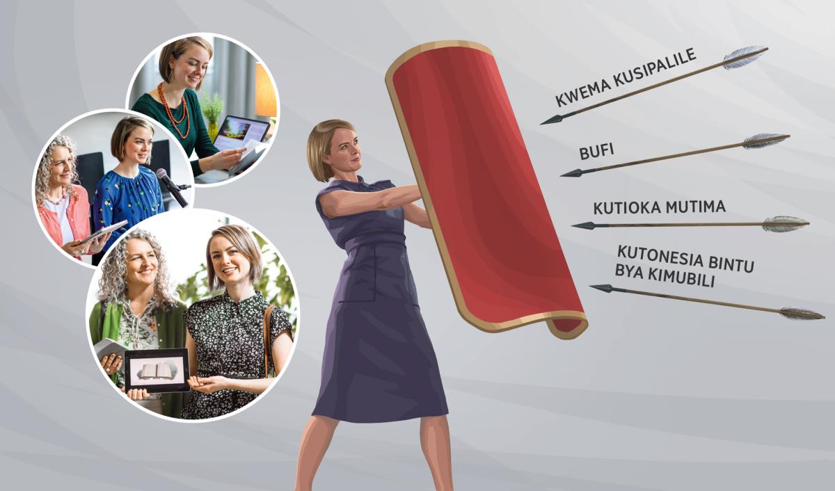 Nkazi umo ali mukusoma Bibilia, waasukapo ku kulonghaana, ali mukusimikila, abiikile kisoolelo kikata ku ntaanzi yakue eevi akingilile mivui yakue Sataana