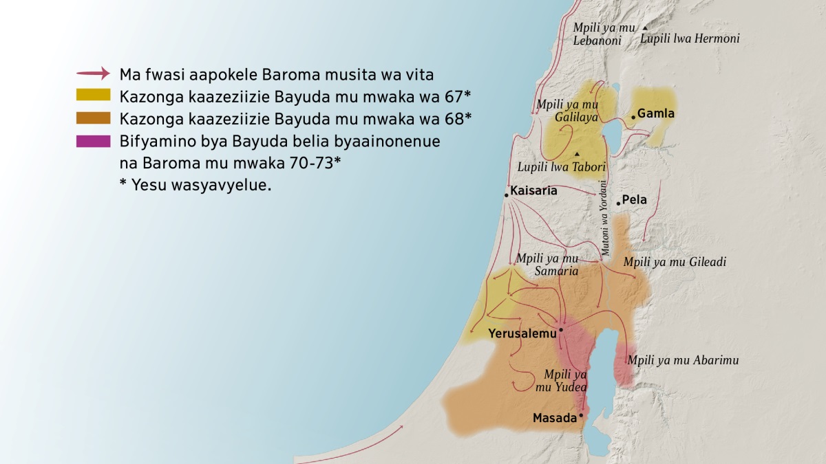 Karte ilangiliile mpili ni mizi paleepale ya mu kipindi kya batumua. Ku kaskazini ka Yerusalemu kuli mpili ya Lebanoni, ya Galilaya, ya Samaria, ni ya Gileadi, kubiika mukati Lupili lwa Hermoni ni lwa Tabori. Mizi ya ku kaskazini ka Yerusalemu ni ezi, Gamla, Kaisaria, pamo ni Pela. Kusini kwa Yerusalemu kuli mpili ya Yudea ni Abarimu, kubiika mukati muzi wa Masada. Kabili, karte ilangiliile misebo yaapitilemo Baroma pamo ni tuzonga tolia twaazeziizie Bayuda kutendekela mu mwaka wa 67 mpaka 73 Yesu wasyavyelue.