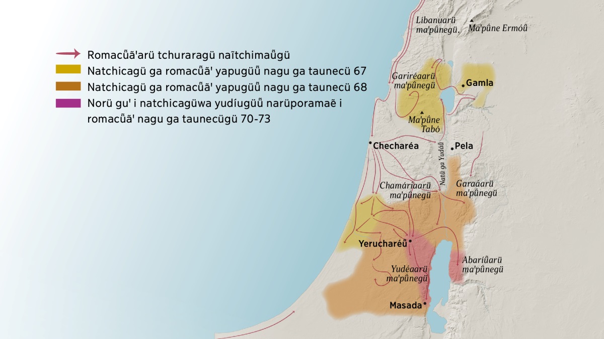 Wüi naãnepane nanaweꞌ nümaü̃ i maꞌpǘãnegü rü ĩãnegü ga nũcüma. Yerucharéü̃arü nórtewa nayema Líbanuarü maꞌpǘnegü, Gariréaarü maꞌpǘnegü, Chamáriaarü maꞌpǘnegü, rü Garaáarü maꞌpǘnegü, rü nhuꞌmatchi Maꞌpǘne Ermóü̃ rü Maꞌpǘne Tabó. Ĩãnegü ga Yerucharéü̃arü nórtewa ngẽmaü̃ rü ngẽma niĩ i Gamla, Checharéa, rü Pela. Yerucharéü̃arü súlwa nayema Yudéaarü maꞌpǘnegü rü Abaríü̃arü maꞌpünegü, rü nhuꞌmatchi ĩãne ga Masada. Naãnepane nanaweꞌ ta na ngetá nadatchigüü̃ na romacü̃ãꞌ nagu iĩ rü ta na ngetá yudíugüü̃ narüporamaẽ nagu ga taunecü 67 nhuꞌmata 73 nawena ya Cristu.