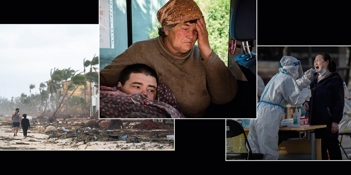 Collage: 1. A couple assesses hurricane damage along a beach. 2. A distressed mother and her son. 3. A woman gets a COVID-19 swab test.