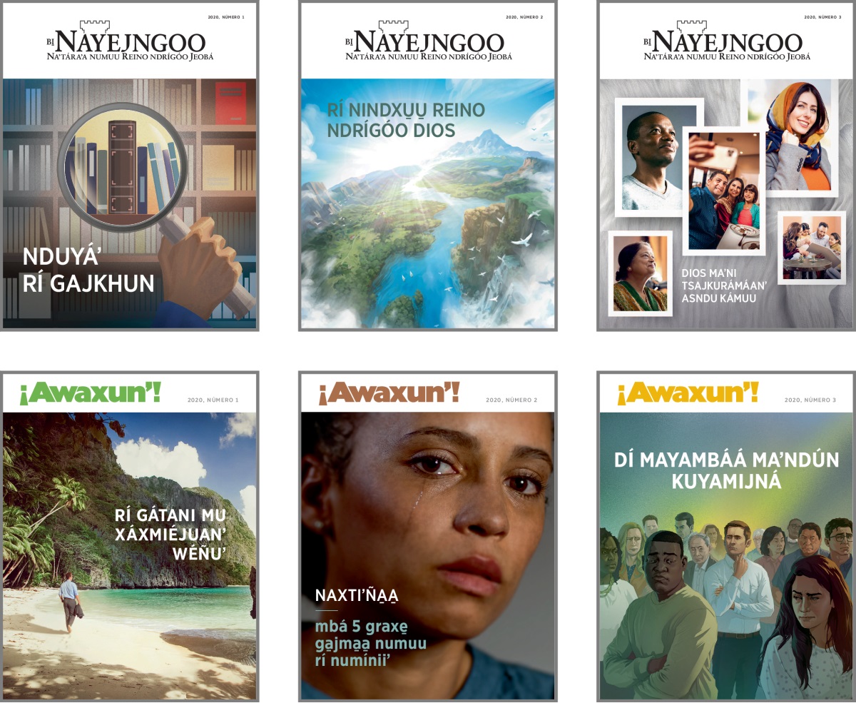 Mbaʼa xtiʼkhuu rí na̱ʼkha̱ tema ndrígóo revista Bi̱ Nayejngoo ga̱jma̱a̱ ¡Awaxunʼ! tsiguʼ 2020: 1. Nduyáʼ rí gajkhun. 2. Rí nindxu̱u̱ Reino ndrígóo Dios. 3. Dios maʼni tsajkurámáanʼ asndu kámuu. 4. Rí gátani mu xáxmiéjuanʼ wéñuʼ. 5. Naxtiʼña̱a̱ mbá 5 graxe̱ ga̱jma̱a̱ numuu rí numíni. 6. Dí mayambáá maʼndún kuyamijná.