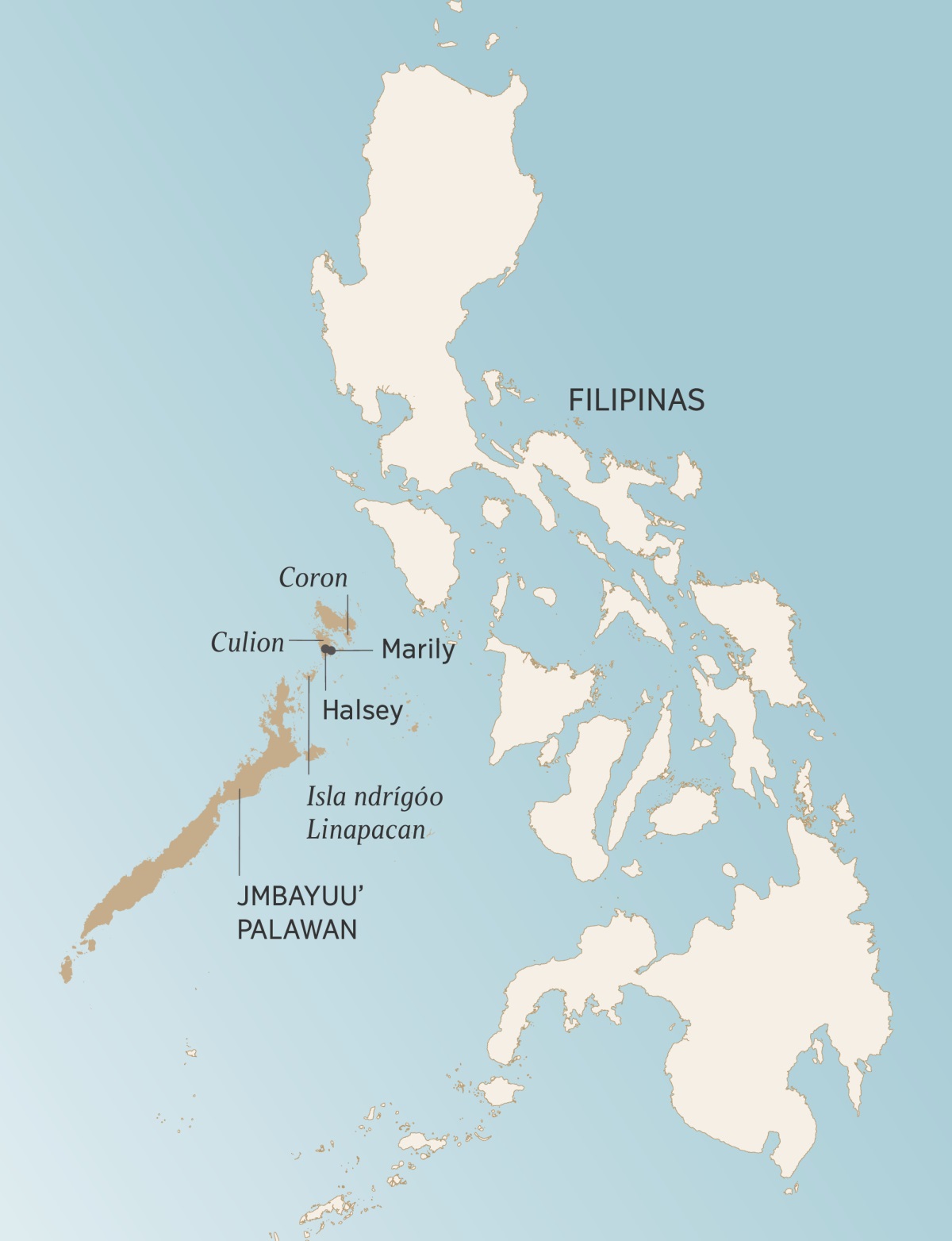 Mapa ndrígóo jmbayuuʼ Palawan (Filipinas) náa nasngájma náa nixtáa ga̱jma̱a̱ niñambá Angelito ga̱jma̱a̱ familia ndrígóo: Xuajen Coron, Culion, Halsey, Marily ga̱jma̱a̱ isla ndrígóo Linapacan.