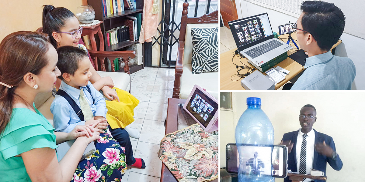 Foto sira: 1. Família ida tuir reuniaun liuhusi vídeo konferénsia. 2. Irmaun ida sai nuʼudar host ba reuniaun liuhusi aplikasaun vídeo konferénsia. 3. Irmaun ida hatoʼo diskursu liuhusi vídeo konferénsia.