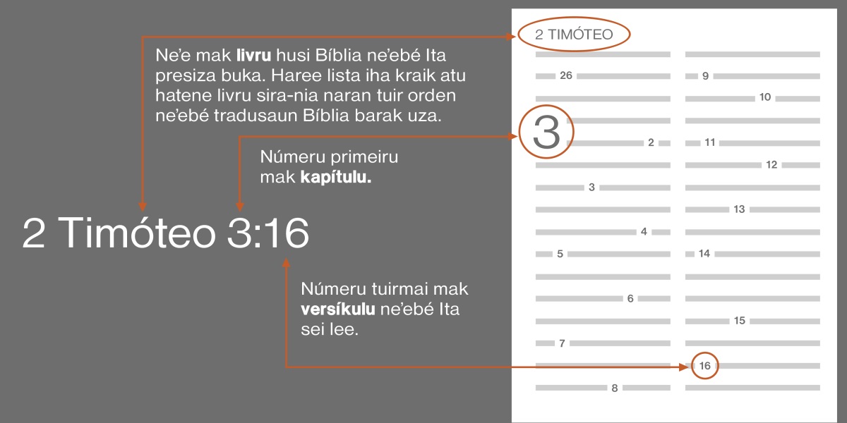 Uza 2 Timóteo 3:16 nuʼudar ezemplu oinsá atu buka-hetan eskritura. Primeiru buka livru nia naran, porezemplu 2 Timóteo (Haree lista iha kraik atu hatene livru sira husi Bíblia). Númeru primeiru mak kapítulu, ezemplu kapítulu 3. Númeru tuirmai mak versíkulu, ezemplu versíkulu 16.