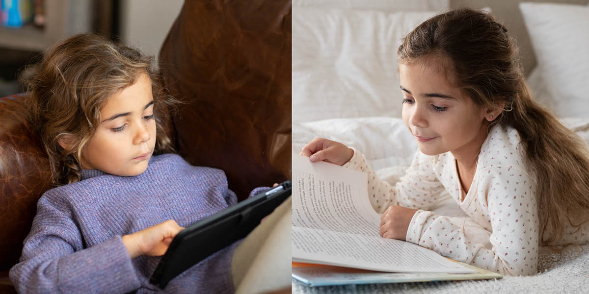 Dezeñu: 1. Labarik-feto lee husi tablet. 2. Labarik-feto lee livru.