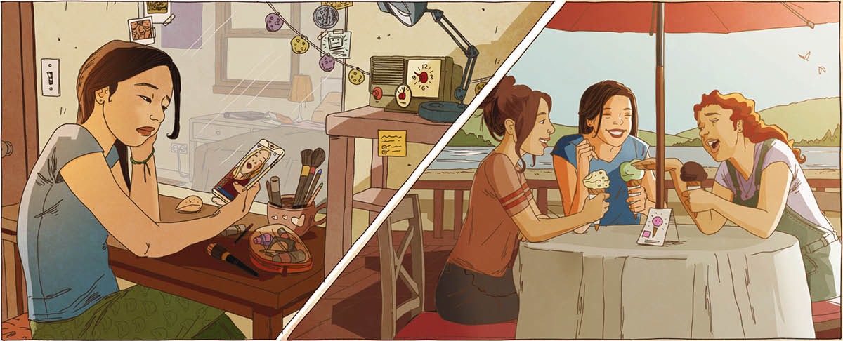 Ezemplu la hanesan husi joven feto ida. 1. Nia la kontente haree ema seluk nia foto iha ninia telefone. 2. Nia kontente koʼalia hamutuk ho ninia kolega sira durante han ice cream iha liʼur.