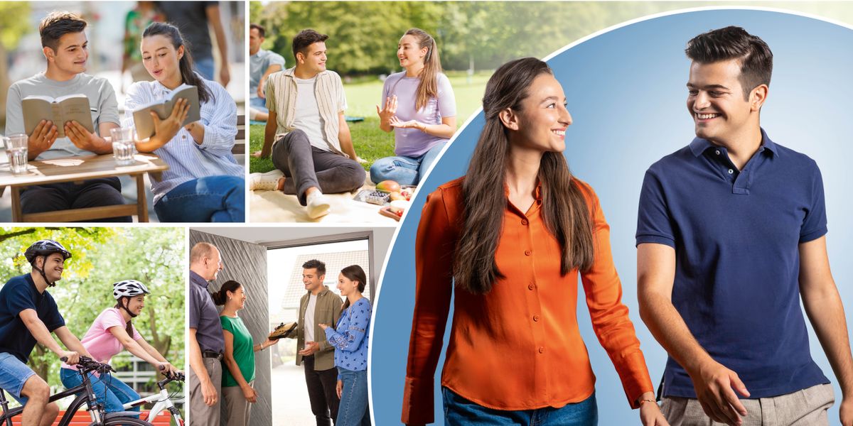 Joven naʼin-rua neʼebé namora no halo atividade sira hamutuk. Foto sira: 1. Sira lee Bíblia hamutuk. 2. Sira koʼalia hamutuk no han meiudia hamutuk. 3. Sira saʼe bisikleta. 4. Feto neʼe fó koñese mane neʼe ba ninia inan aman.