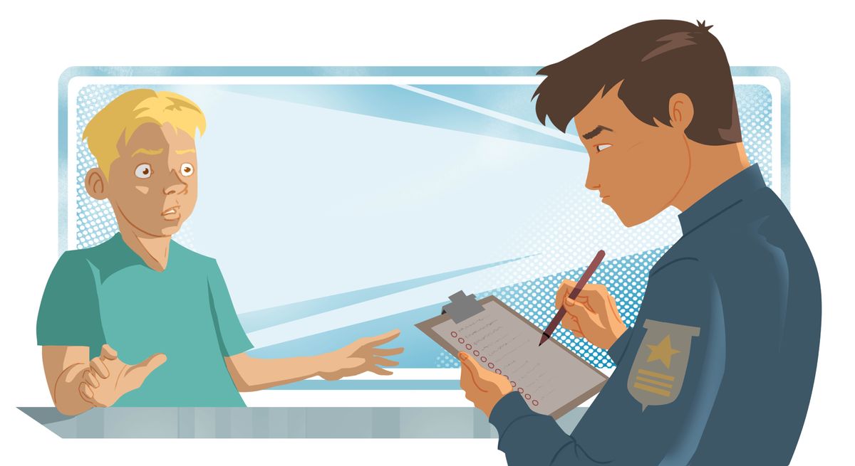 Mane joven ida uza farda polísia nian ho oin-buis no hakerek hela nota. Labarik mane iha ninia oin haree taʼuk no hakfodak nuʼudar naroman ida leno ba ninia oin.