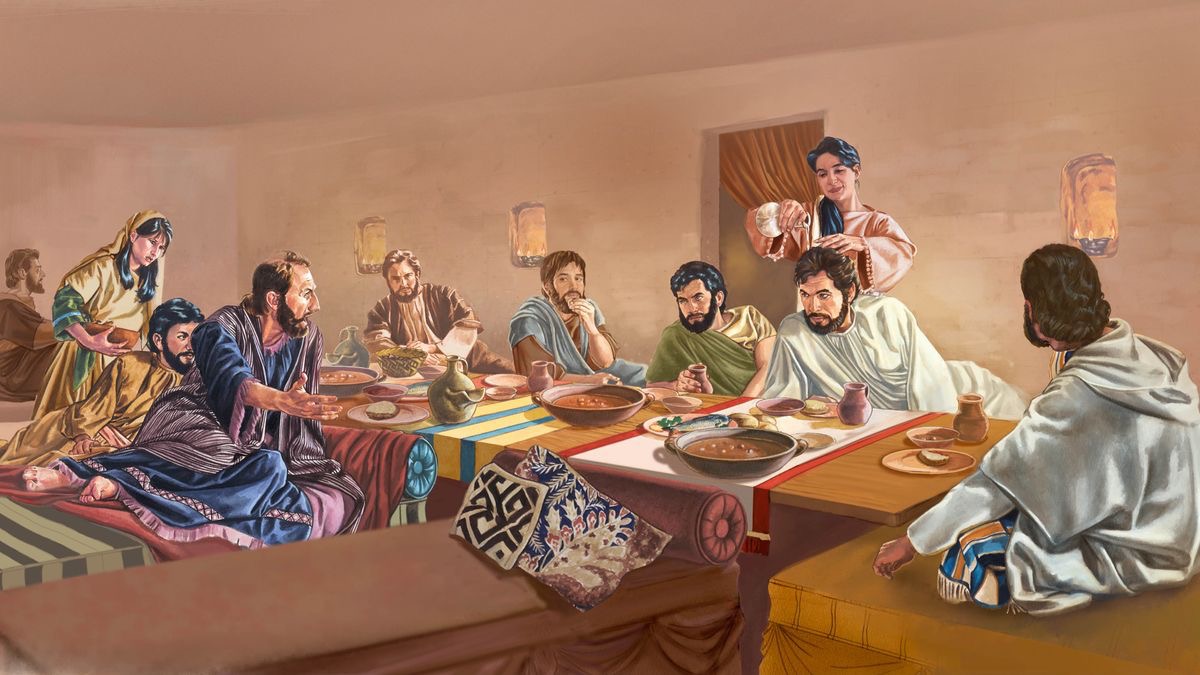 Maria fui mina-morin ba Jesus nia ulun, Jesus sadere ba meza.