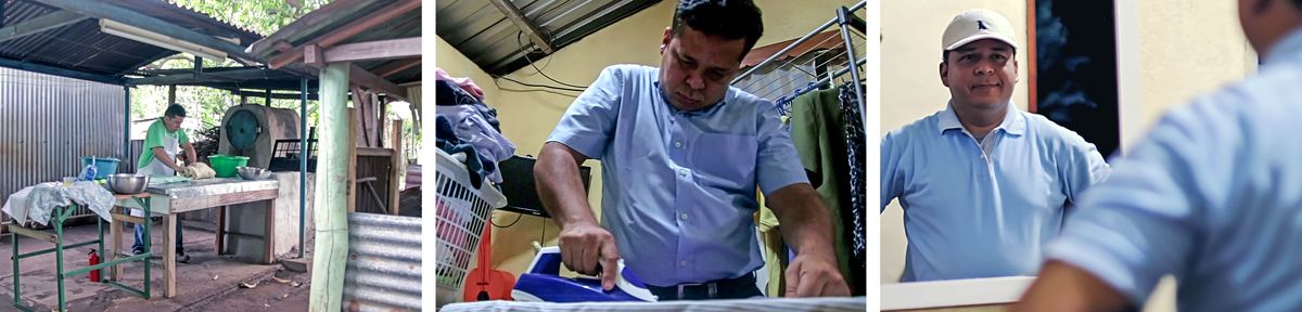 Foto sira: Foto husi vídeo “Oinsá ita-nia irmaun-irmán sira iha dame maski hasoru problema ekonomia”. 1. Miguel deʼut trigu besik fornu. 2. Nia estrika roupa. 3. Nia hateke ba espellu no oin-midar nuʼudar nia prontu atu ba serbisu.